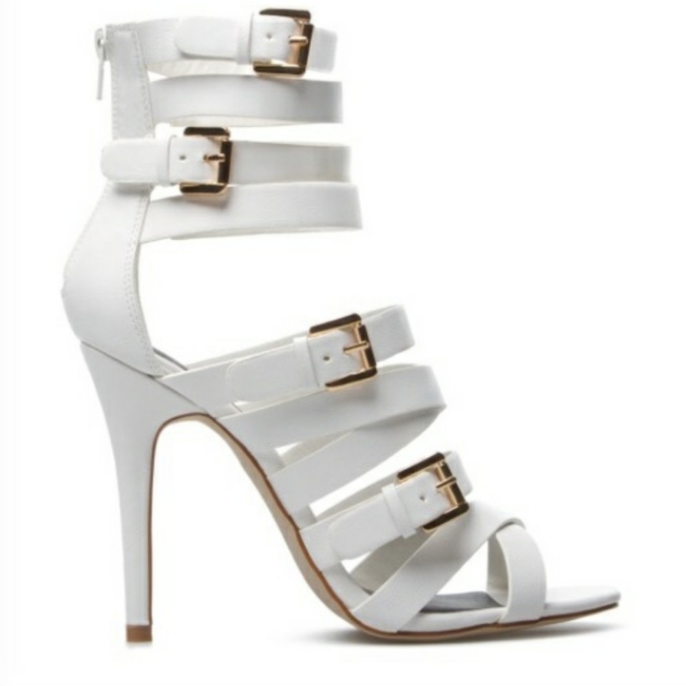 White Strappy heels with gold accent buckles